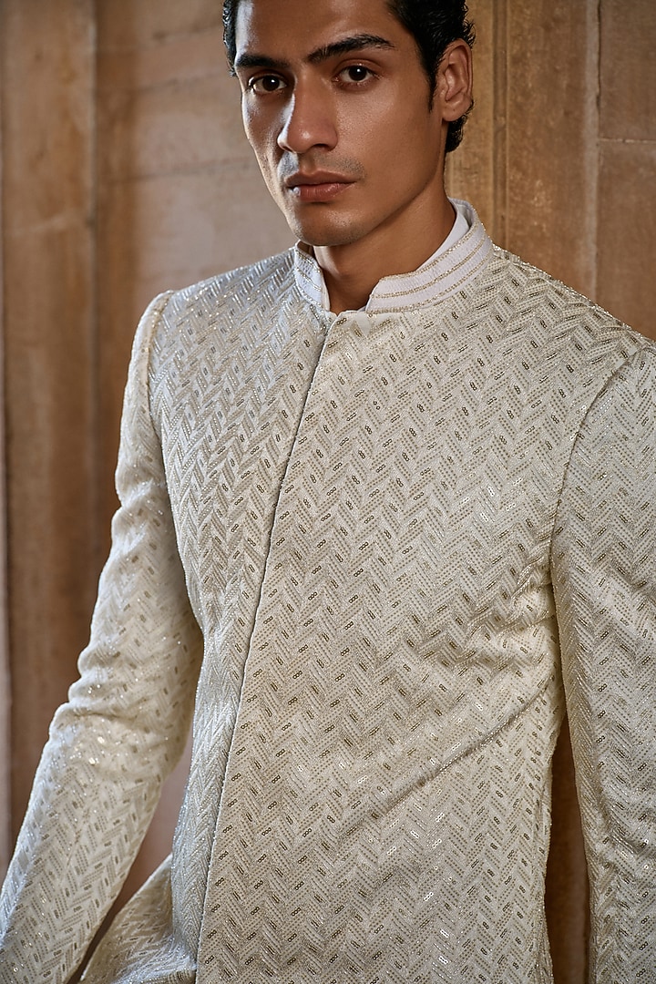 Ivory Georgette Thread Embroidered Groom Sherwani Set by Sawan Gandhi Men at Pernia's Pop Up Shop