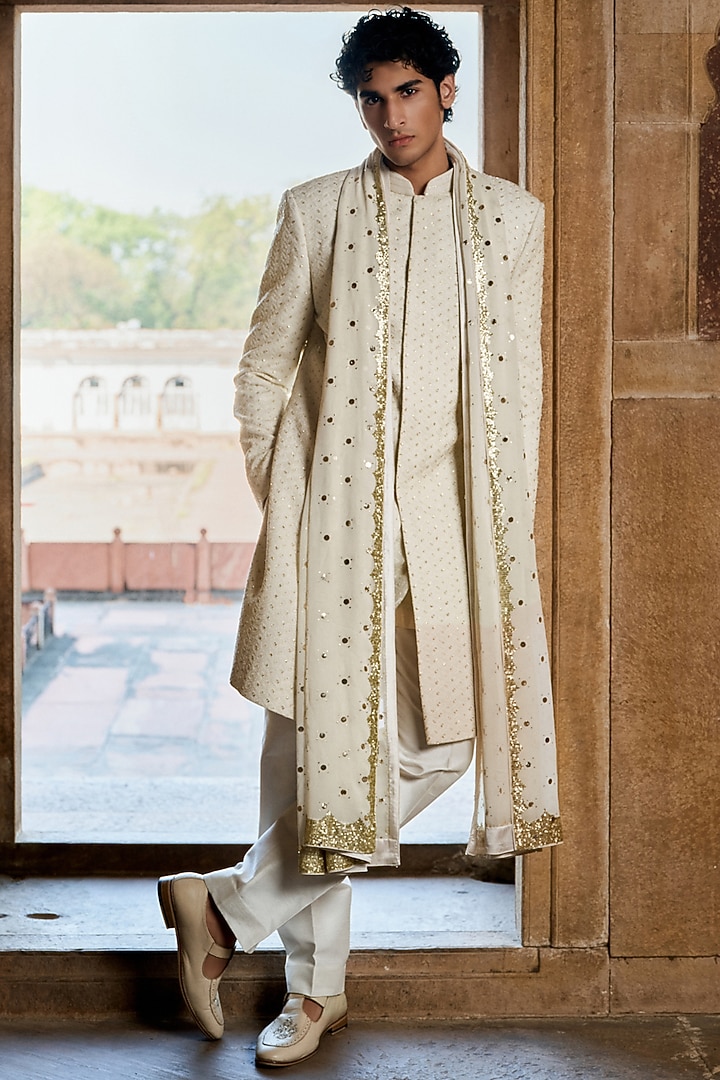 Ivory Georgette Sequins Work Groom Sherwani Set by Sawan Gandhi Men at Pernia's Pop Up Shop