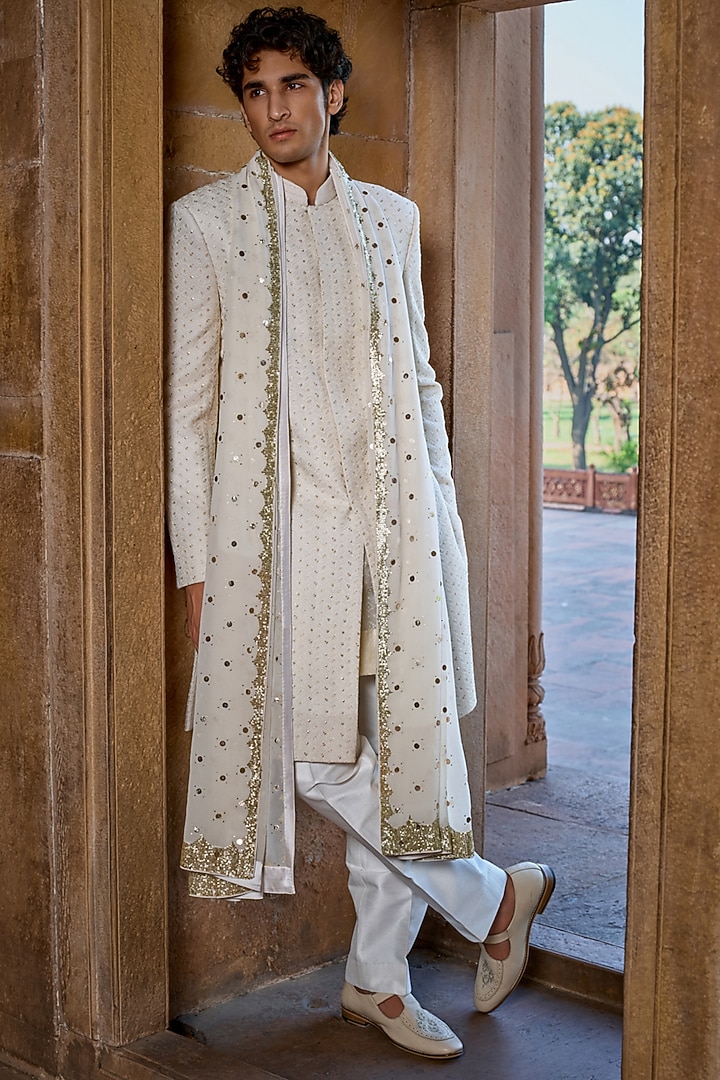 Ivory Georgette Sequins Work Groom Sherwani Set by Sawan Gandhi Men at Pernia's Pop Up Shop