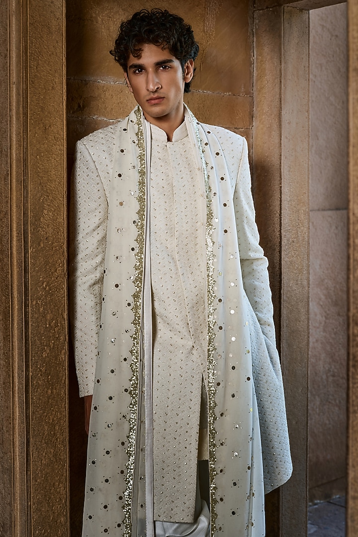 Ivory Georgette Sequins Work Groom Sherwani Set by Sawan Gandhi Men at Pernia's Pop Up Shop