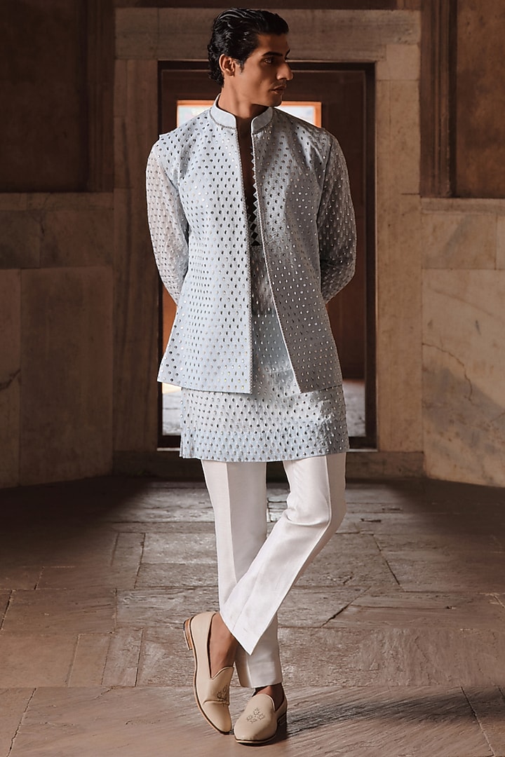 Dusky Blue Chanderi Cutdana Embroidered Nehru Jacket Set by Sawan Gandhi Men at Pernia's Pop Up Shop