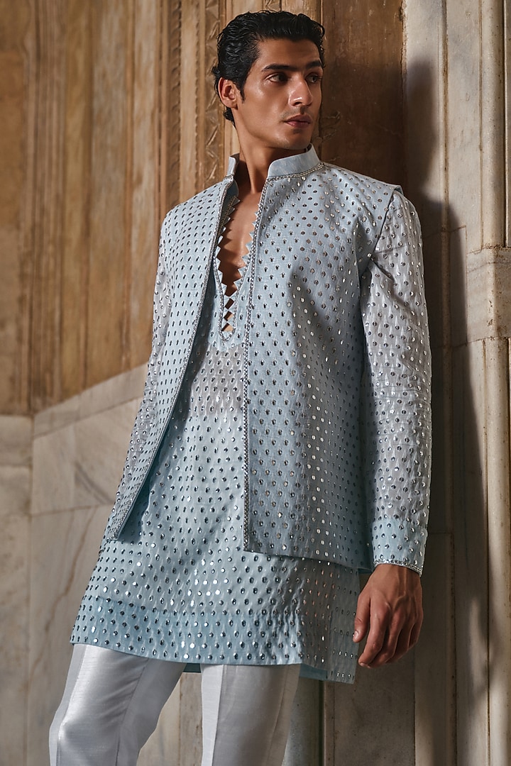 Dusky Blue Chanderi Cutdana Embroidered Nehru Jacket Set by Sawan Gandhi Men at Pernia's Pop Up Shop