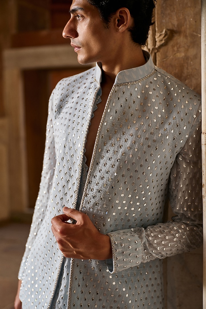 Dusky Blue Chanderi Cutdana Embroidered Nehru Jacket Set by Sawan Gandhi Men at Pernia's Pop Up Shop