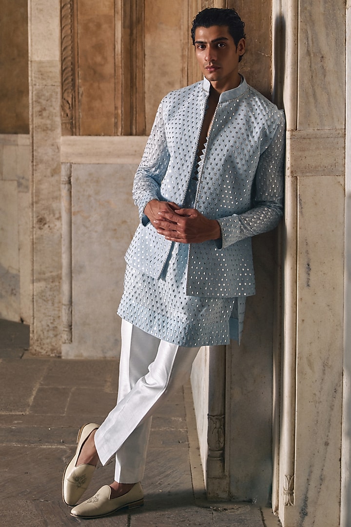 Dusky Blue Chanderi Cutdana Embroidered Nehru Jacket Set by Sawan Gandhi Men at Pernia's Pop Up Shop