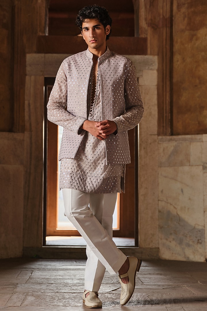 Grey Chanderi Cutdana Embroidered Nehru Jacket Set by Sawan Gandhi Men at Pernia's Pop Up Shop