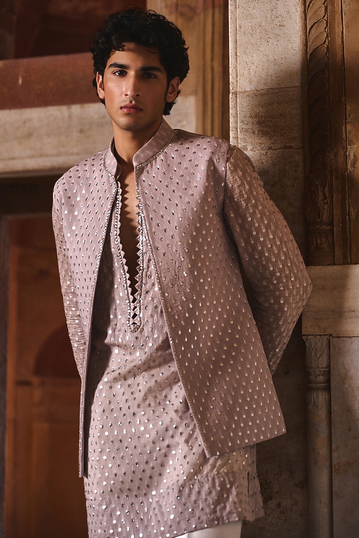 Grey Chanderi Cutdana Embroidered Nehru Jacket Set by Sawan Gandhi Men at Pernia's Pop Up Shop