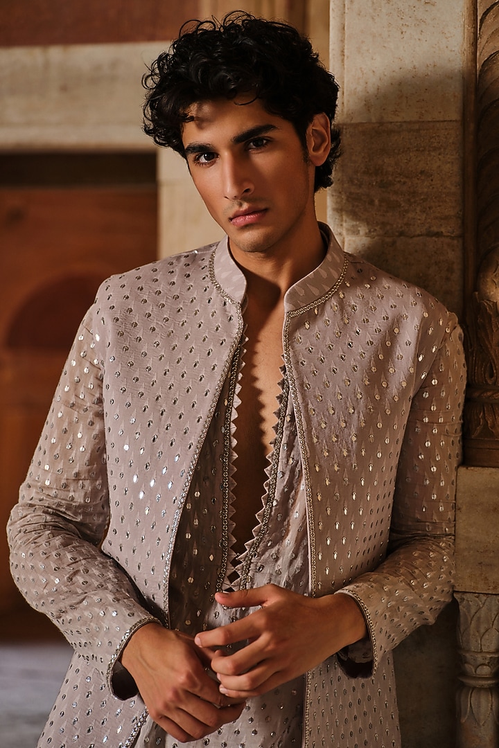 Grey Chanderi Cutdana Embroidered Nehru Jacket Set by Sawan Gandhi Men at Pernia's Pop Up Shop