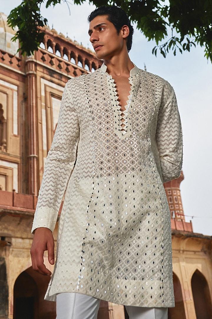 Ivory Chanderi Sequins Embroidered Kurta Set by Sawan Gandhi Men at Pernia's Pop Up Shop