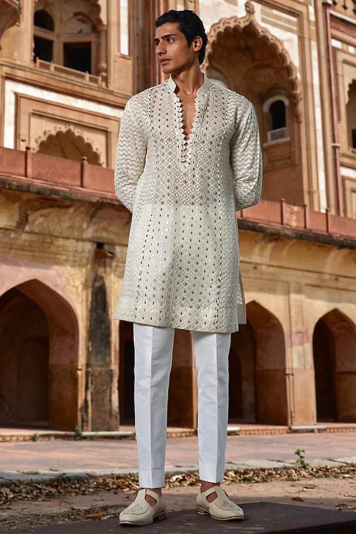 Ivory Chanderi Sequins Embroidered Kurta by Sawan Gandhi Men at Pernia's Pop Up Shop