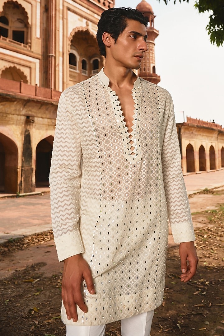 Ivory Chanderi Sequins Embroidered Kurta by Sawan Gandhi Men at Pernia's Pop Up Shop