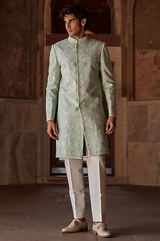 Sea Green Georgette Thread Embroidered Sherwani Set by Sawan Gandhi Men