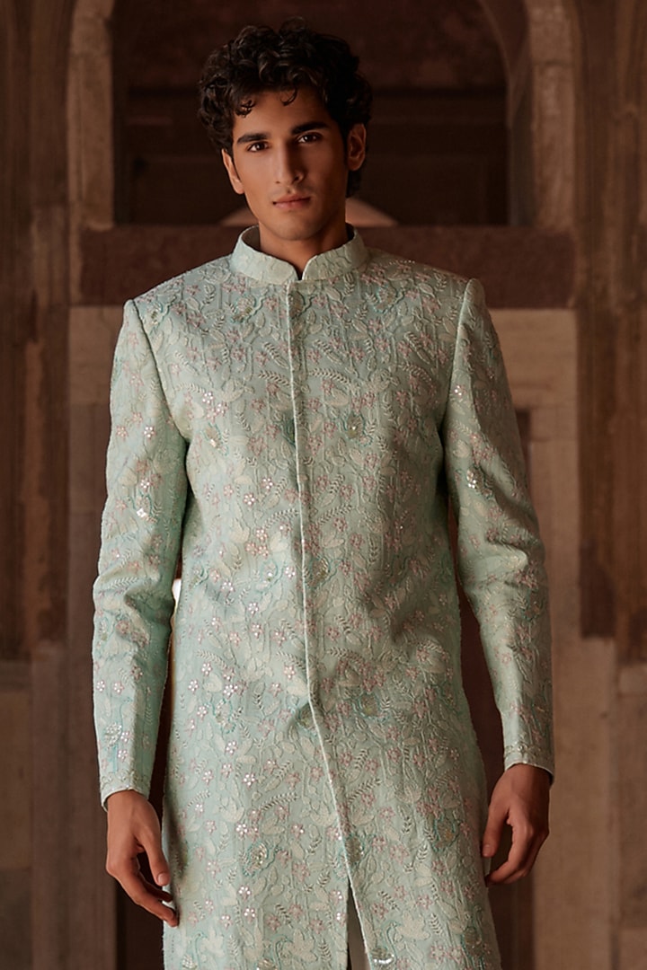 Sea Green Georgette Thread Embroidered Groom Sherwani Set by Sawan Gandhi Men at Pernia's Pop Up Shop