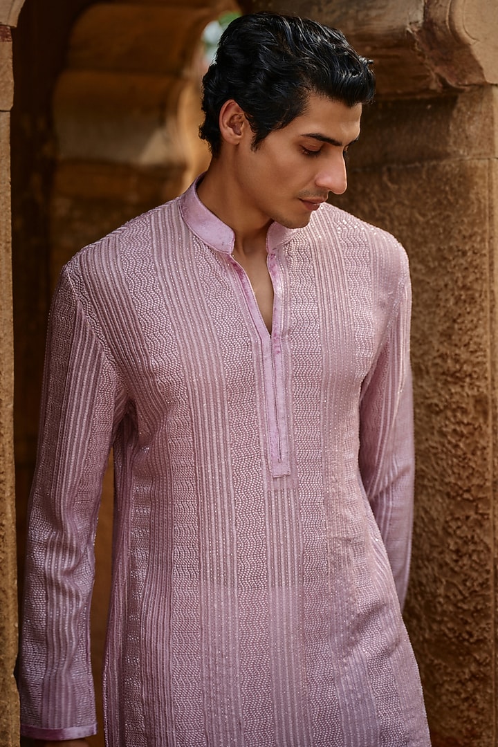 Dusty Rose Georgette Thread Embroidered Kurta by Sawan Gandhi Men at Pernia's Pop Up Shop