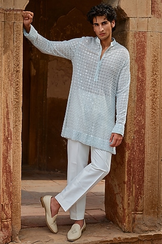 Mint Georgette Sequins Embroidered Kurta Set by Sawan Gandhi Men