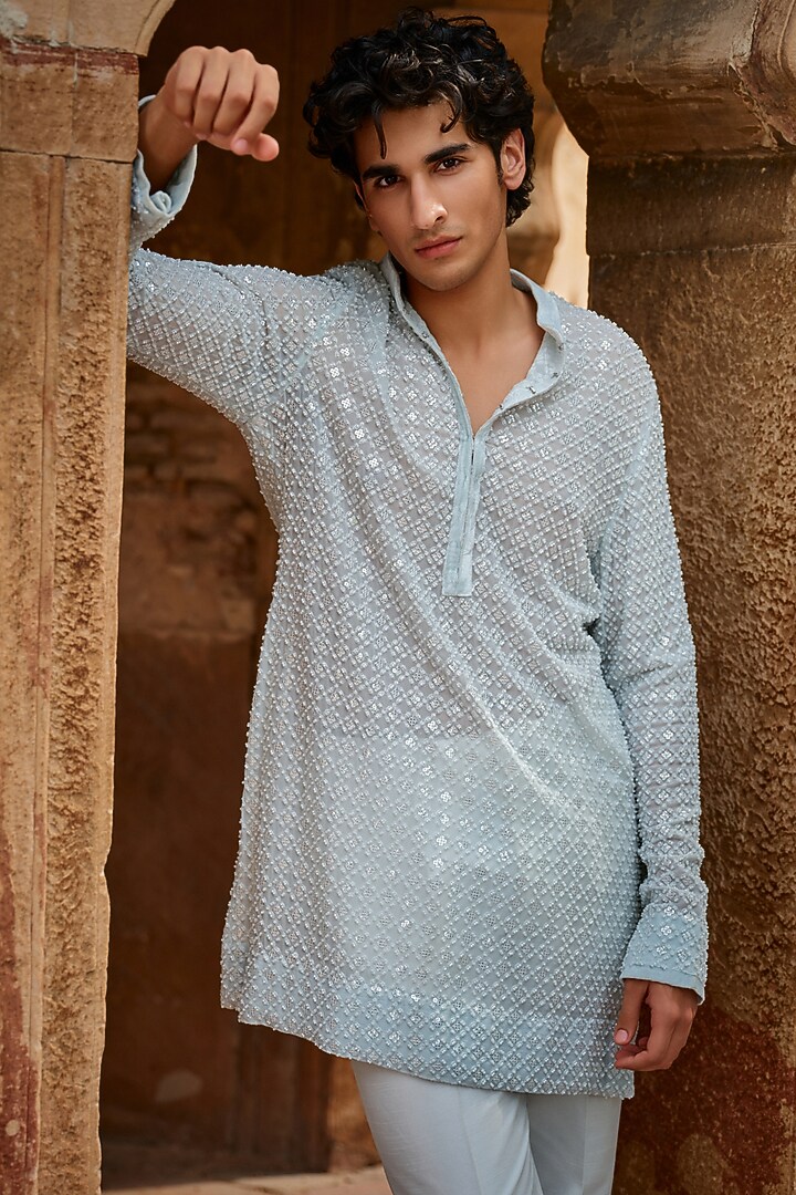 Mint Georgette Sequins Embroidered Kurta Set by Sawan Gandhi Men at Pernia's Pop Up Shop