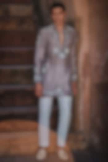 Taupe Chanderi Floral Applique Embroidered Kurta by Sawan Gandhi Men at Pernia's Pop Up Shop