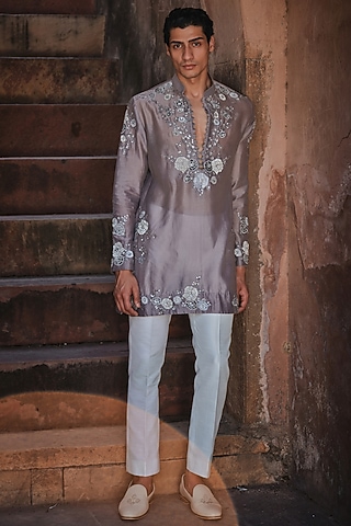 Taupe Chanderi Floral Applique Embroidered Kurta by Sawan Gandhi Men