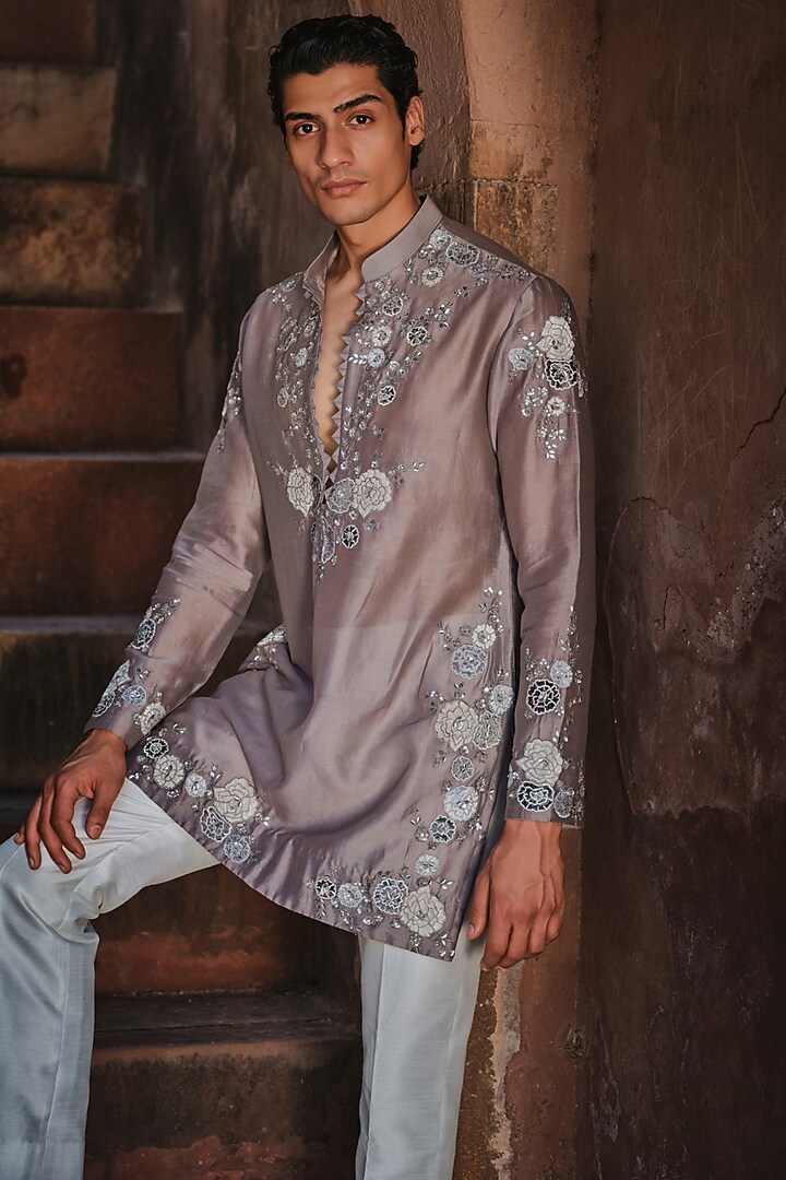 Taupe Chanderi Floral Applique Embroidered Kurta by Sawan Gandhi Men at Pernia's Pop Up Shop
