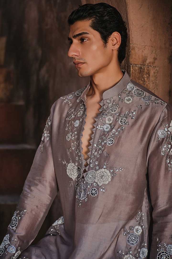 Taupe Chanderi Floral Applique Embroidered Kurta by Sawan Gandhi Men at Pernia's Pop Up Shop