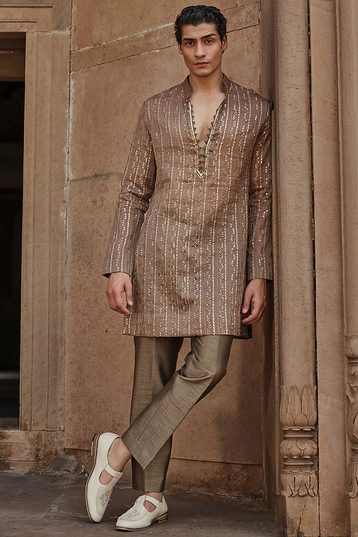 Olive Brown Chanderi Tissue Kurta by Sawan Gandhi Men at Pernia's Pop Up Shop