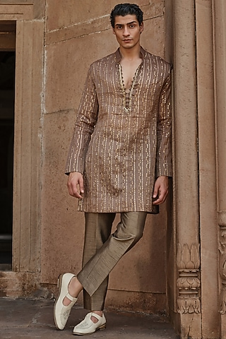 Olive Brown Chanderi Tissue Kurta by Sawan Gandhi Men
