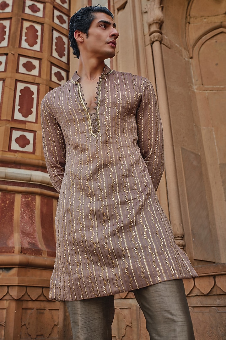 Olive Brown Chanderi Tissue Kurta by Sawan Gandhi Men at Pernia's Pop Up Shop