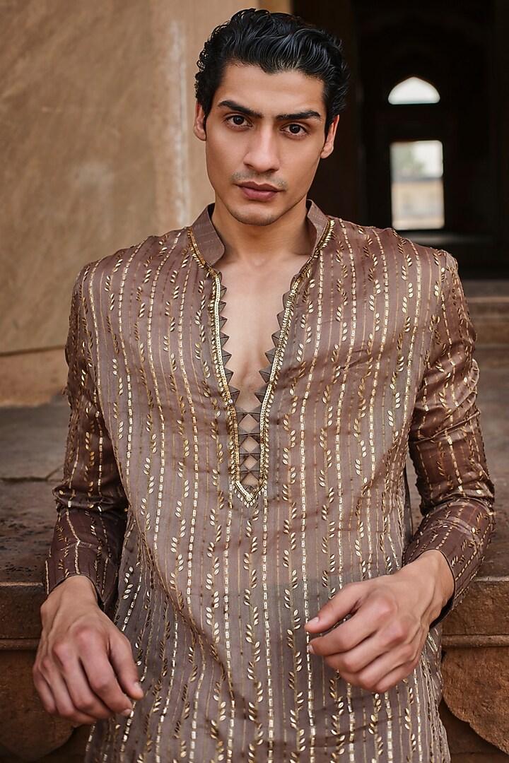 Olive Brown Chanderi Tissue Kurta by Sawan Gandhi Men at Pernia's Pop Up Shop