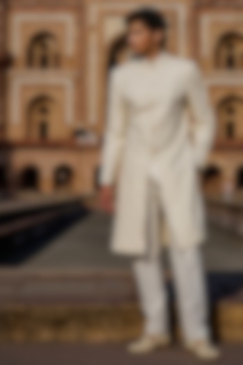 Ivory Georgette Parsi Embroidered Groom Sherwani Set by Sawan Gandhi Men at Pernia's Pop Up Shop