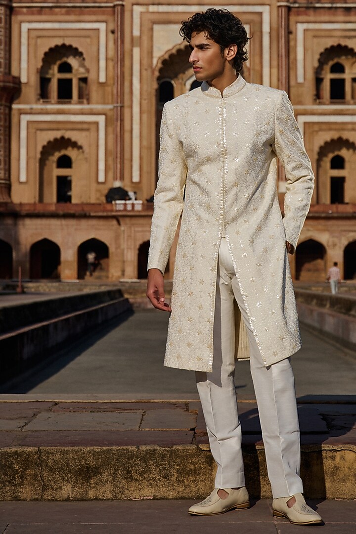 Ivory Georgette Parsi Embroidered Groom Sherwani Set by Sawan Gandhi Men at Pernia's Pop Up Shop