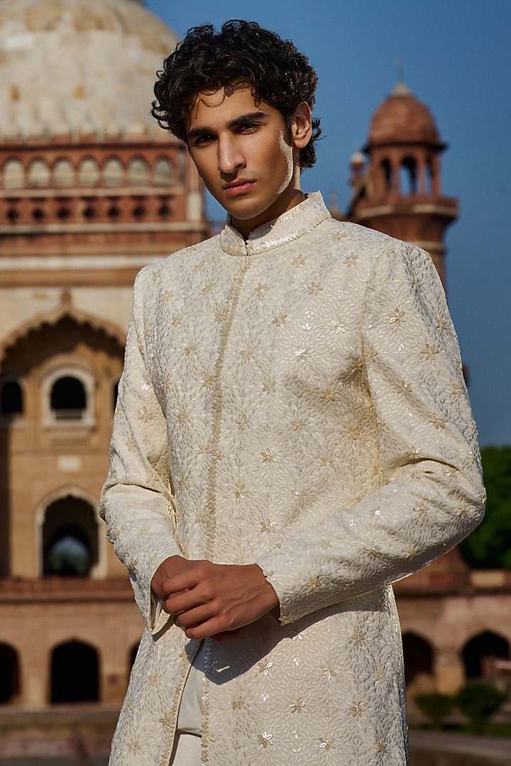 Ivory Georgette Parsi Embroidered Groom Sherwani Set by Sawan Gandhi Men at Pernia's Pop Up Shop