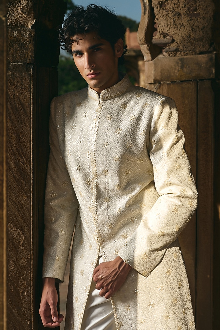 Ivory Georgette Parsi Embroidered Groom Sherwani Set by Sawan Gandhi Men at Pernia's Pop Up Shop
