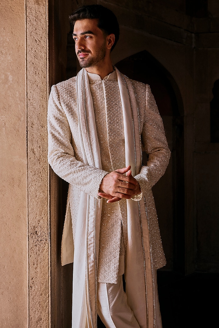Ivory Dupion Silk Cutdana Embroidered Stole by Sawan Gandhi Men at Pernia's Pop Up Shop