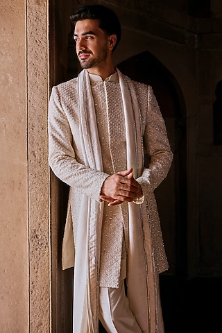 Ivory Dupion Silk Cutdana Embroidered Stole by Sawan Gandhi Men