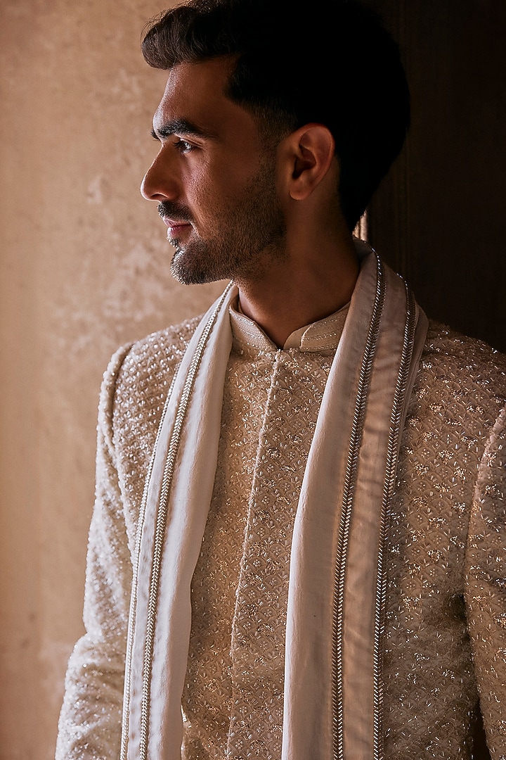 Ivory Dupion Silk Cutdana Embroidered Stole by Sawan Gandhi Men at Pernia's Pop Up Shop