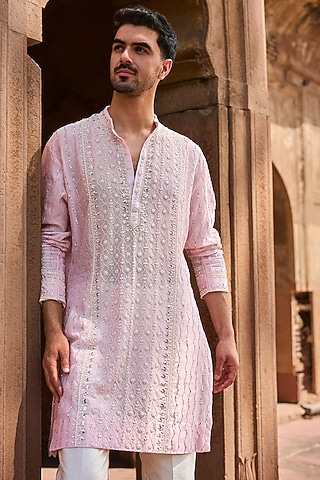Peach Chanderi Mirror Work Kurta Set by Sawan Gandhi Men