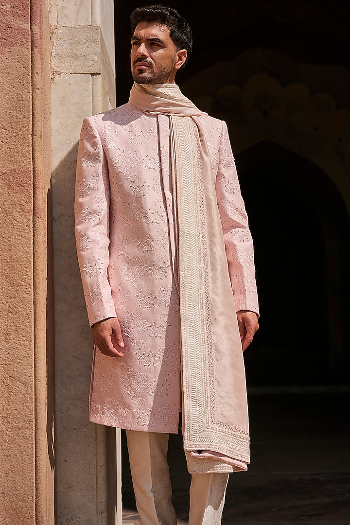 Taupe Chanderi Sequins Embroidered Kurta Set by Sawan Gandhi Men at Pernia's Pop Up Shop