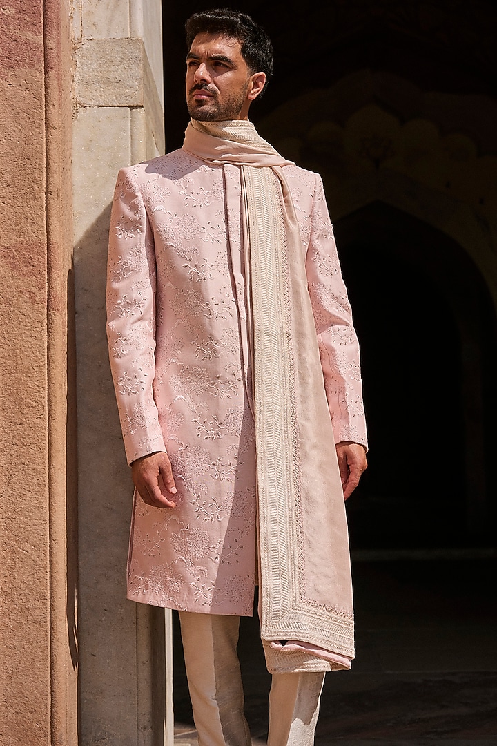 Peach Dupion Silk Threadwork Stole by Sawan Gandhi Men at Pernia's Pop Up Shop