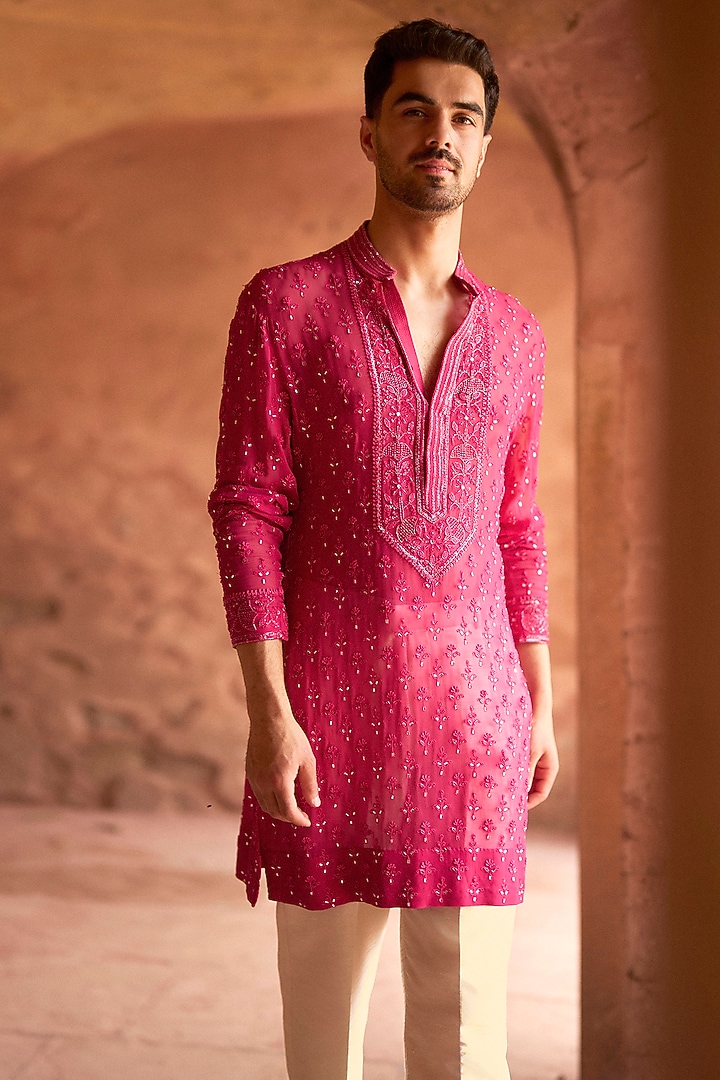 Hot Pink Georgette Chikankari Embroidered Kurta by Sawan Gandhi Men at Pernia's Pop Up Shop
