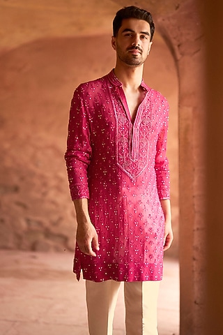 Hot Pink Georgette Chikankari Embroidered Kurta by Sawan Gandhi Men