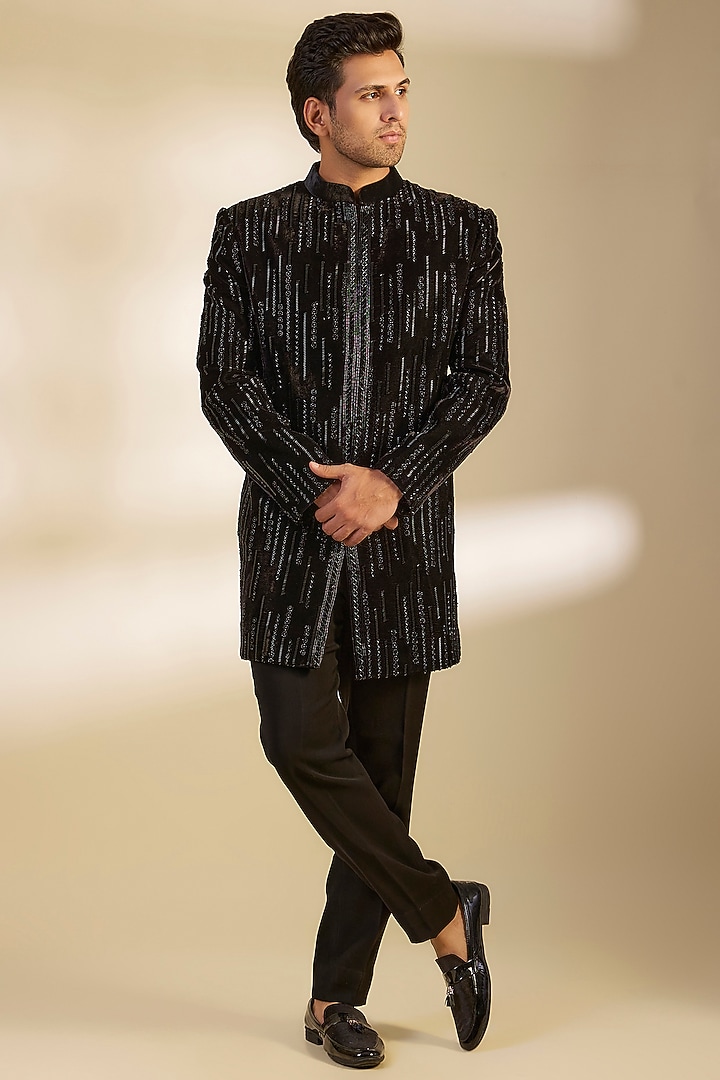 Black Velvet Cutdana Embroidered Groom Indowestern by Sawan Gandhi Men at Pernia's Pop Up Shop