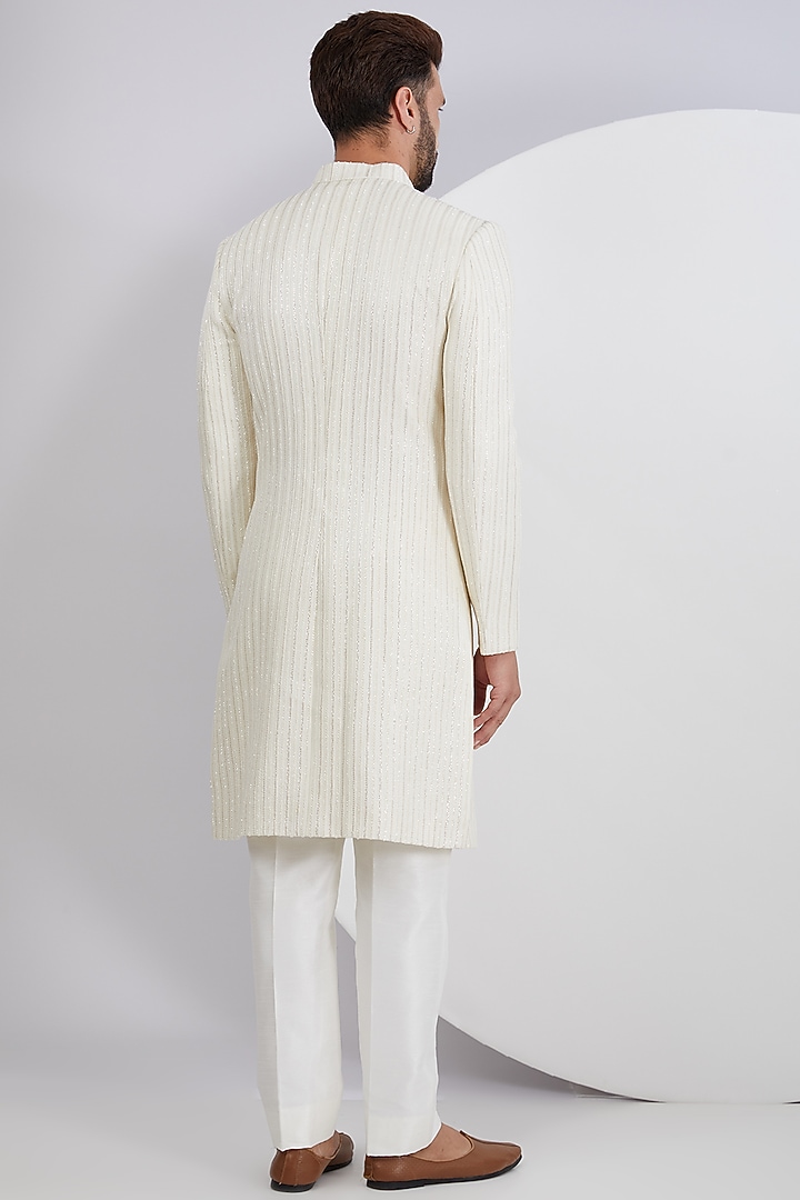 Ivory Georgette Embroidered Groom Sherwani Set by Sawan Gandhi Men at Pernia's Pop Up Shop