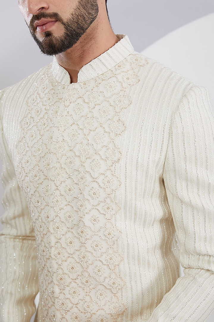Ivory Georgette Embroidered Groom Sherwani Set by Sawan Gandhi Men at Pernia's Pop Up Shop