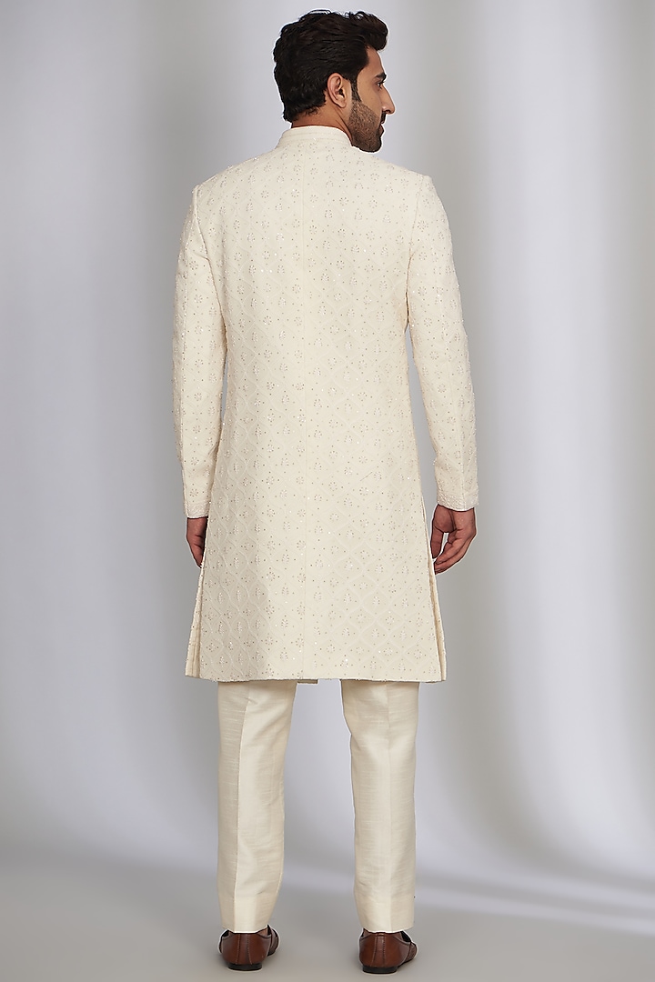 Ivory Georgette Embroidered Groom Sherwani Set by Sawan Gandhi Men at Pernia's Pop Up Shop