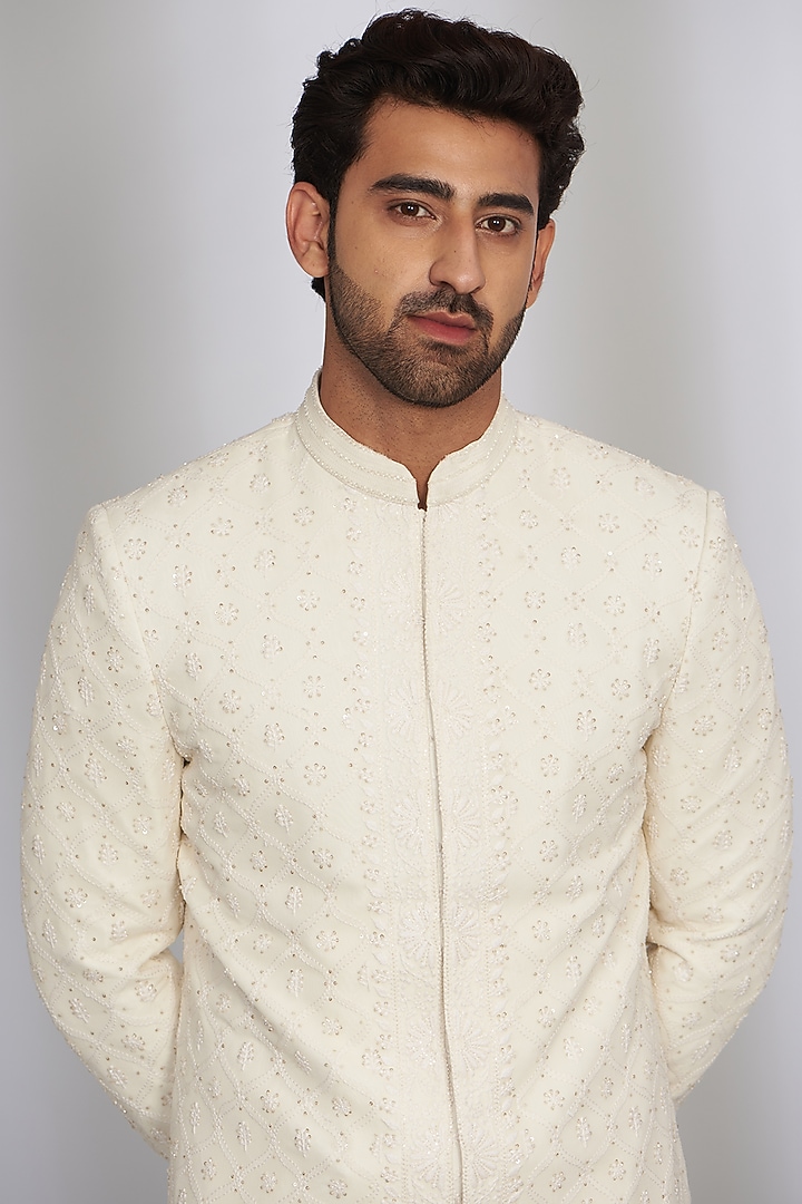 Ivory Georgette Embroidered Groom Sherwani Set by Sawan Gandhi Men at Pernia's Pop Up Shop
