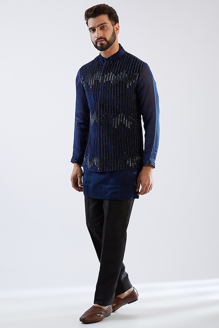 Blue Georgette Embroidered Nehru Jacket Set by Sawan Gandhi Men