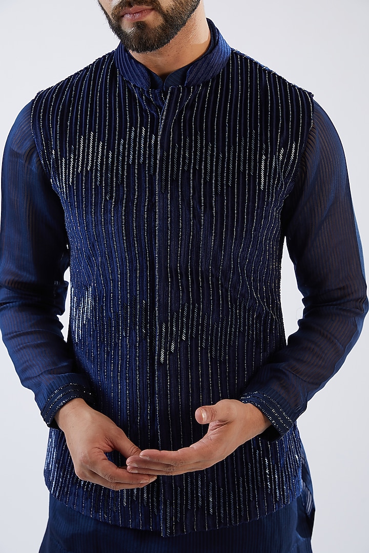 Blue Georgette Embroidered Nehru Jacket Set by Sawan Gandhi Men at Pernia's Pop Up Shop