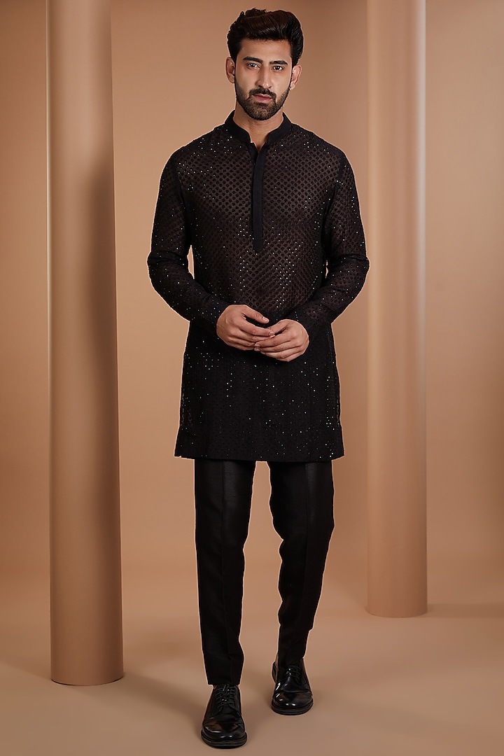 Black Georgette Embroidered Nehru Jacket Set by Sawan Gandhi Men at Pernia's Pop Up Shop