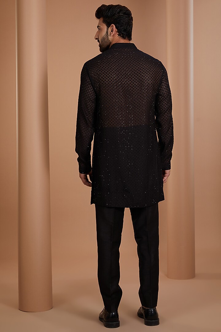 Black Georgette Embroidered Nehru Jacket Set by Sawan Gandhi Men at Pernia's Pop Up Shop