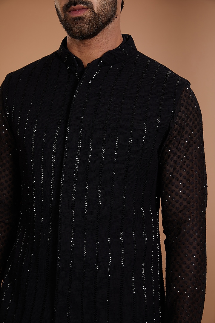 Black Georgette Embroidered Nehru Jacket Set by Sawan Gandhi Men at Pernia's Pop Up Shop