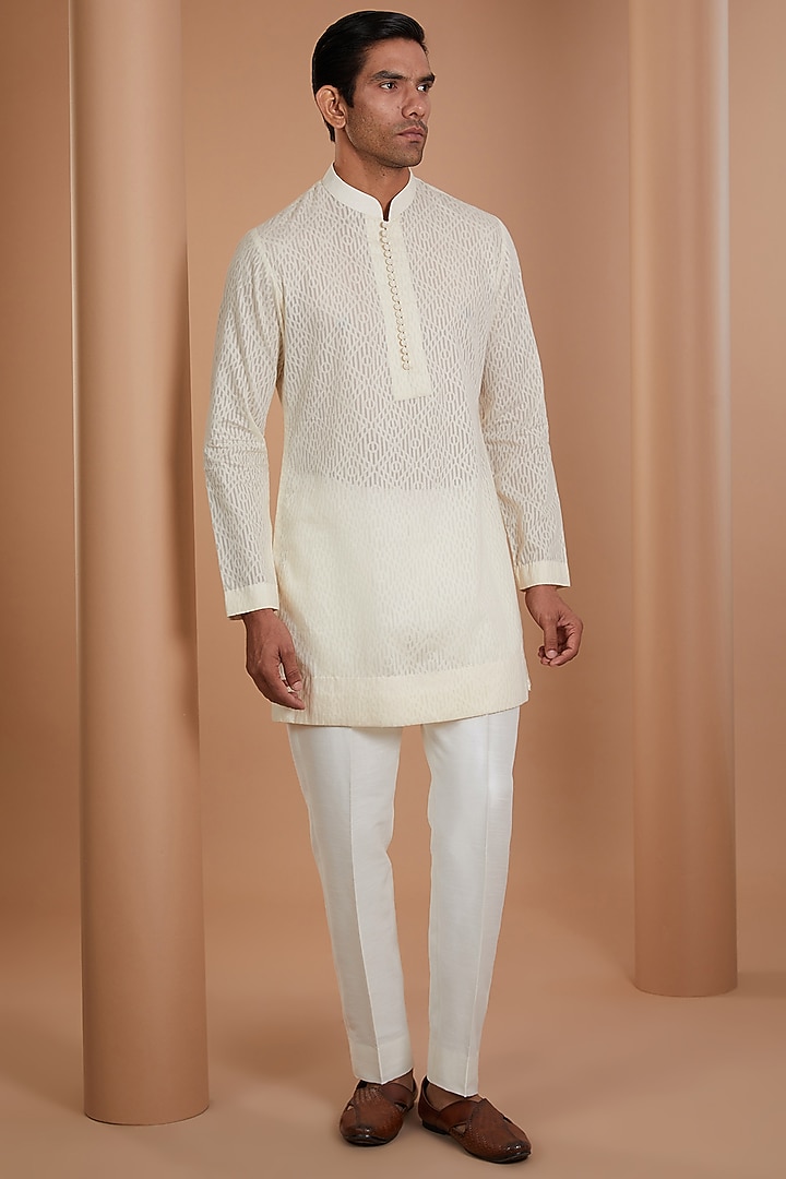 Ivory Chanderi Thread Embroidered Groom Indowestern Set by Sawan Gandhi Men at Pernia's Pop Up Shop